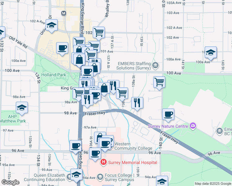 map of restaurants, bars, coffee shops, grocery stores, and more near 9838 Whalley Boulevard in Surrey