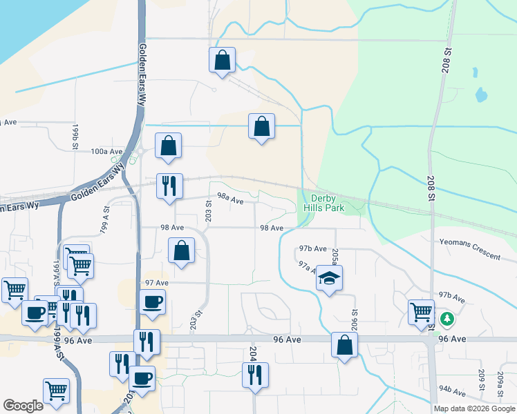 map of restaurants, bars, coffee shops, grocery stores, and more near 20410 98A Avenue in Langley Township