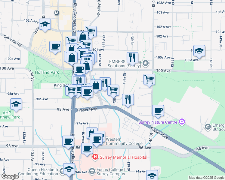 map of restaurants, bars, coffee shops, grocery stores, and more near 9893 138 Street in Surrey
