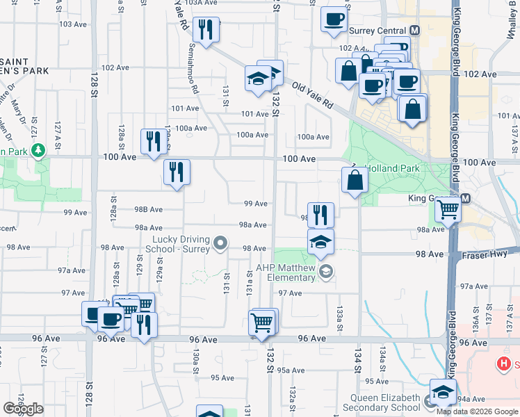 map of restaurants, bars, coffee shops, grocery stores, and more near 13180 99 Avenue in Surrey