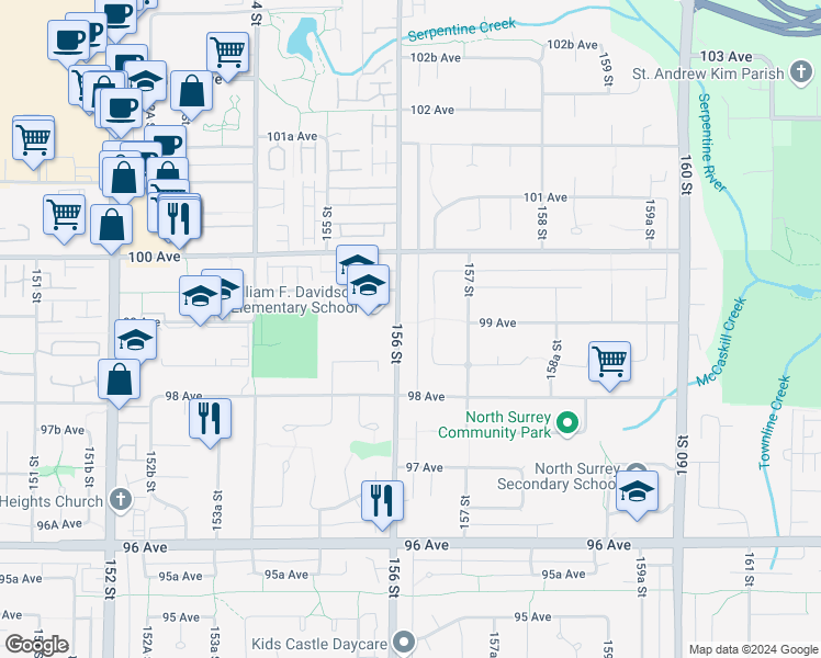 map of restaurants, bars, coffee shops, grocery stores, and more near 9894 156 Street in Surrey