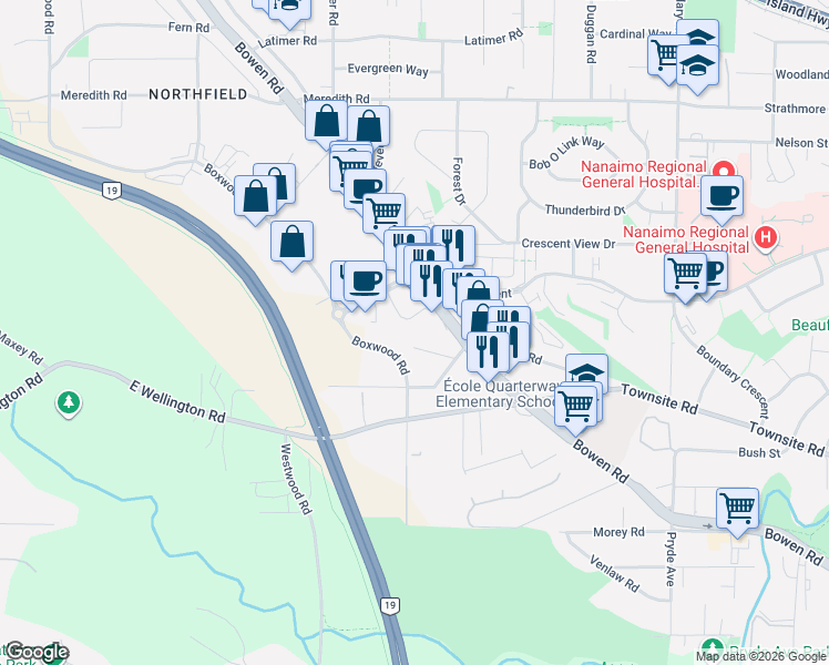 map of restaurants, bars, coffee shops, grocery stores, and more near 1726 Kerrisdale Road in Nanaimo
