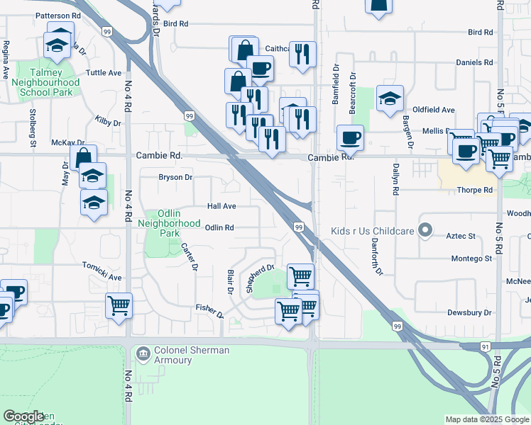 map of restaurants, bars, coffee shops, grocery stores, and more near 10531 Hall Avenue in Richmond