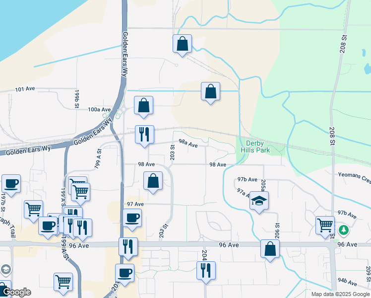 map of restaurants, bars, coffee shops, grocery stores, and more near 9855 203A Street in Langley City