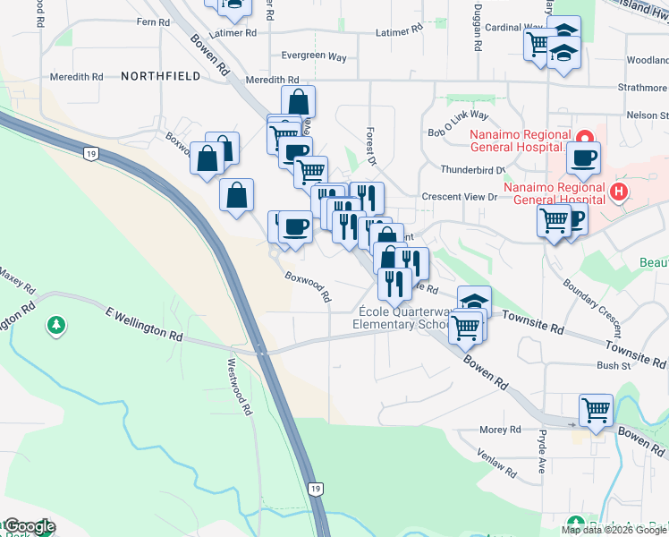 map of restaurants, bars, coffee shops, grocery stores, and more near 1726 Kerrisdale Road in Nanaimo