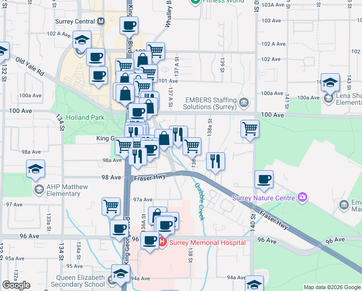 map of restaurants, bars, coffee shops, grocery stores, and more near 9848 Whalley Boulevard in Surrey