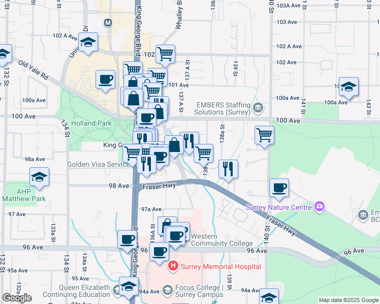 map of restaurants, bars, coffee shops, grocery stores, and more near in Surrey