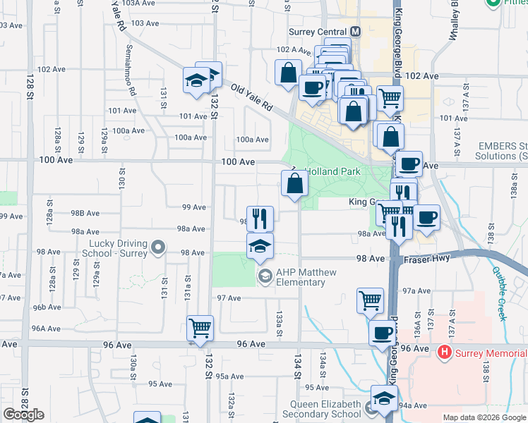 map of restaurants, bars, coffee shops, grocery stores, and more near in Surrey
