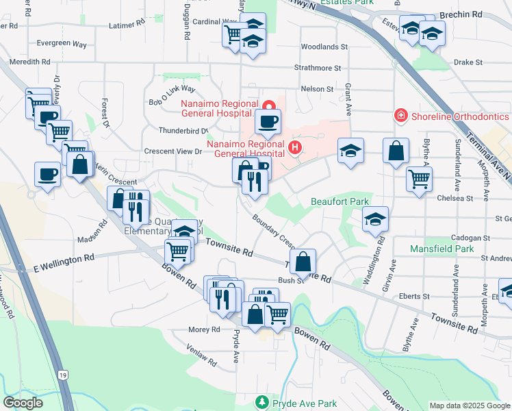 map of restaurants, bars, coffee shops, grocery stores, and more near 1527 Boundary Crescent in Nanaimo