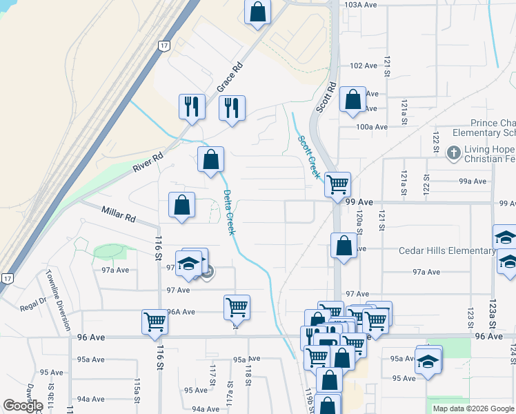 map of restaurants, bars, coffee shops, grocery stores, and more near 11824 99 Avenue in Surrey