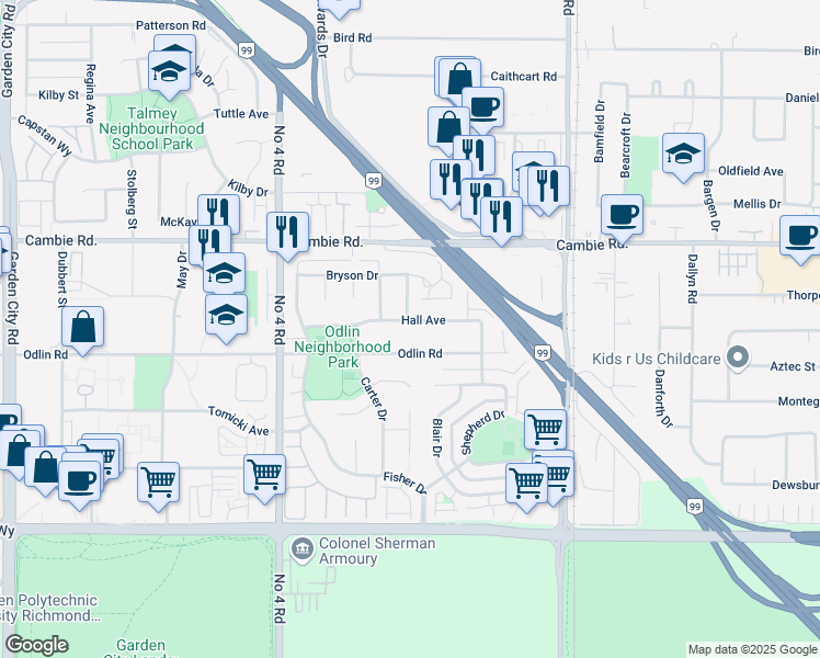 map of restaurants, bars, coffee shops, grocery stores, and more near 10288 Hall Avenue in Richmond