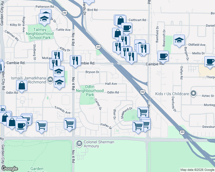 map of restaurants, bars, coffee shops, grocery stores, and more near 10288 Hall Avenue in Richmond