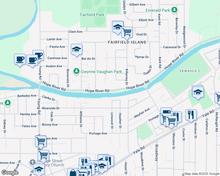 map of restaurants, bars, coffee shops, grocery stores, and more near 46339 Hope River Road in Chilliwack