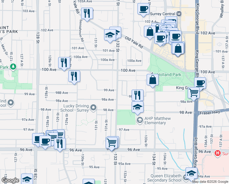 map of restaurants, bars, coffee shops, grocery stores, and more near 9893 132 Street in Surrey