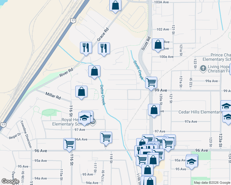 map of restaurants, bars, coffee shops, grocery stores, and more near 11824 99 Avenue in Surrey