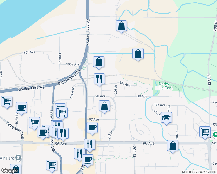 map of restaurants, bars, coffee shops, grocery stores, and more near 20256 98A Avenue in Langley