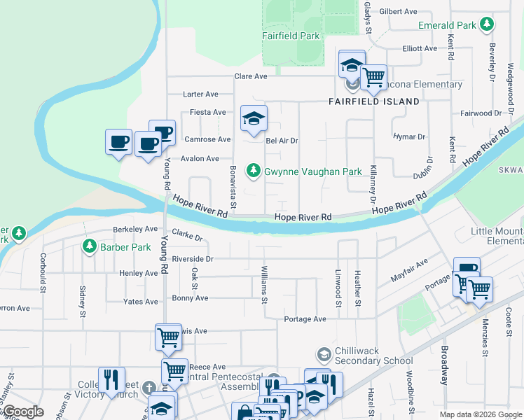 map of restaurants, bars, coffee shops, grocery stores, and more near 46181 Hope River Road in Chilliwack