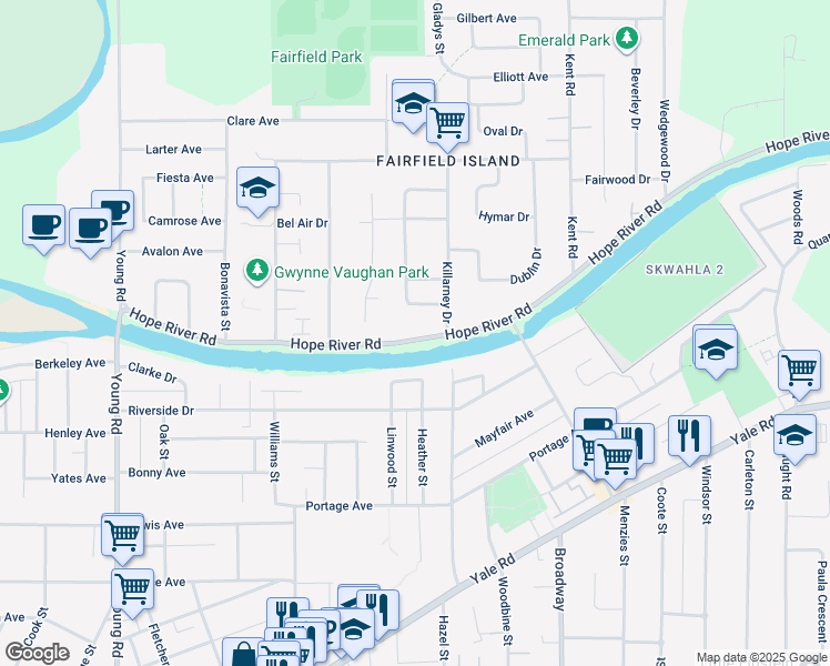 map of restaurants, bars, coffee shops, grocery stores, and more near 46387 Hope River Road in Chilliwack