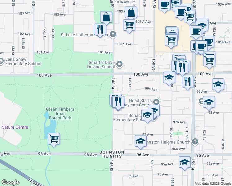 map of restaurants, bars, coffee shops, grocery stores, and more near 9914 148 Street in Surrey