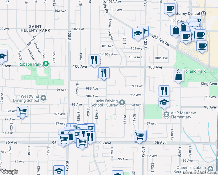 map of restaurants, bars, coffee shops, grocery stores, and more near 9892 130 Street in Surrey