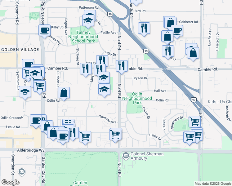 map of restaurants, bars, coffee shops, grocery stores, and more near 4211 Number 4 Road in Richmond
