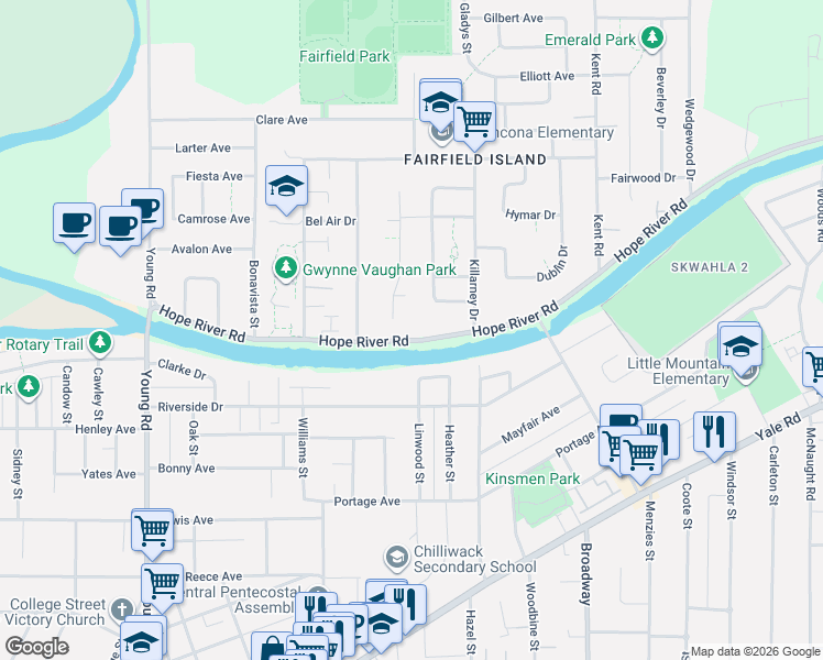 map of restaurants, bars, coffee shops, grocery stores, and more near 46339 Hope River Road in Chilliwack
