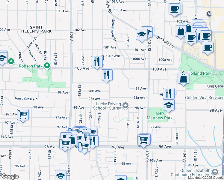 map of restaurants, bars, coffee shops, grocery stores, and more near 9892 130 Street in Surrey
