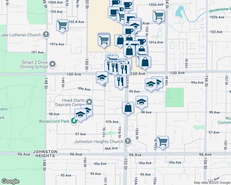 map of restaurants, bars, coffee shops, grocery stores, and more near 9940 151 Street in Surrey