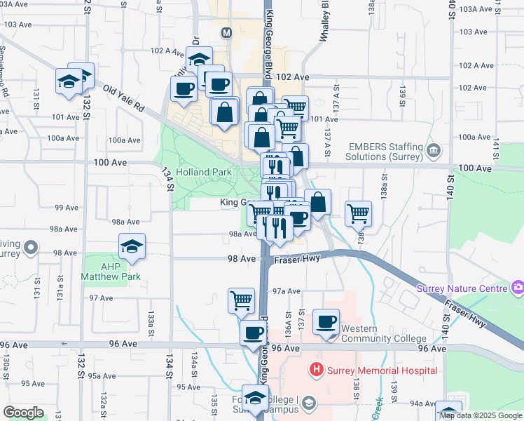 map of restaurants, bars, coffee shops, grocery stores, and more near 9905 King George Boulevard in Surrey