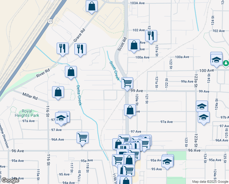 map of restaurants, bars, coffee shops, grocery stores, and more near 11942 99 Avenue in Surrey