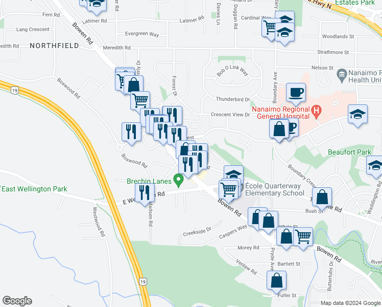 map of restaurants, bars, coffee shops, grocery stores, and more near 1713 Townsite Road in Nanaimo