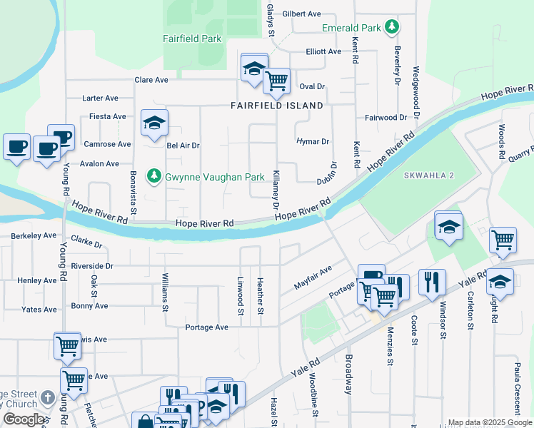 map of restaurants, bars, coffee shops, grocery stores, and more near 46403 Hope River Road in Chilliwack
