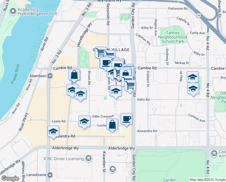 map of restaurants, bars, coffee shops, grocery stores, and more near 8833 Odlin Crescent in Richmond