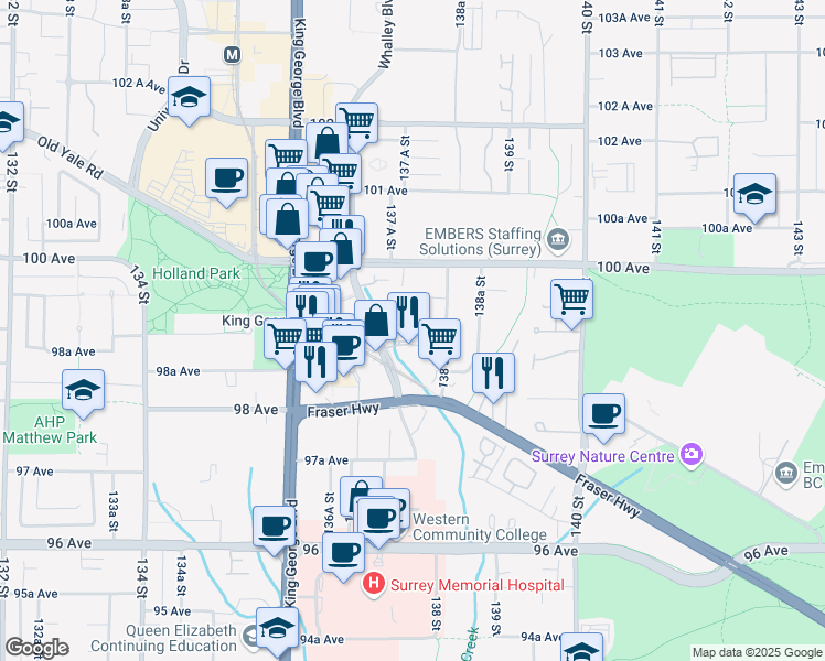 map of restaurants, bars, coffee shops, grocery stores, and more near 9848 Whalley Boulevard in Surrey