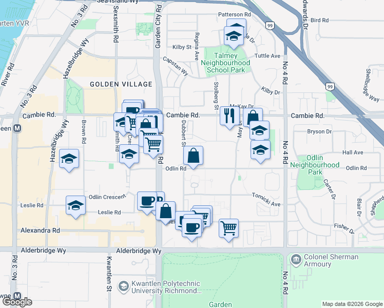 map of restaurants, bars, coffee shops, grocery stores, and more near 9213 Odlin Road in Richmond