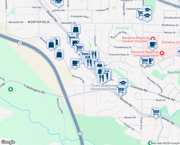 map of restaurants, bars, coffee shops, grocery stores, and more near in Nanaimo