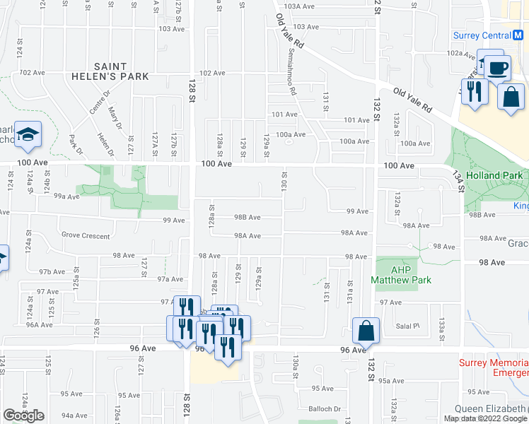 map of restaurants, bars, coffee shops, grocery stores, and more near 12957 98B Avenue in Surrey