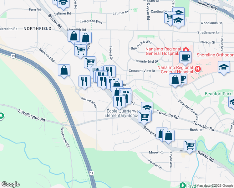 map of restaurants, bars, coffee shops, grocery stores, and more near 1690 Townsite Road in Nanaimo