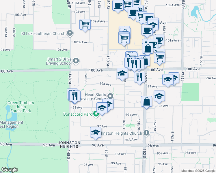 map of restaurants, bars, coffee shops, grocery stores, and more near 15006 99A Avenue in Surrey