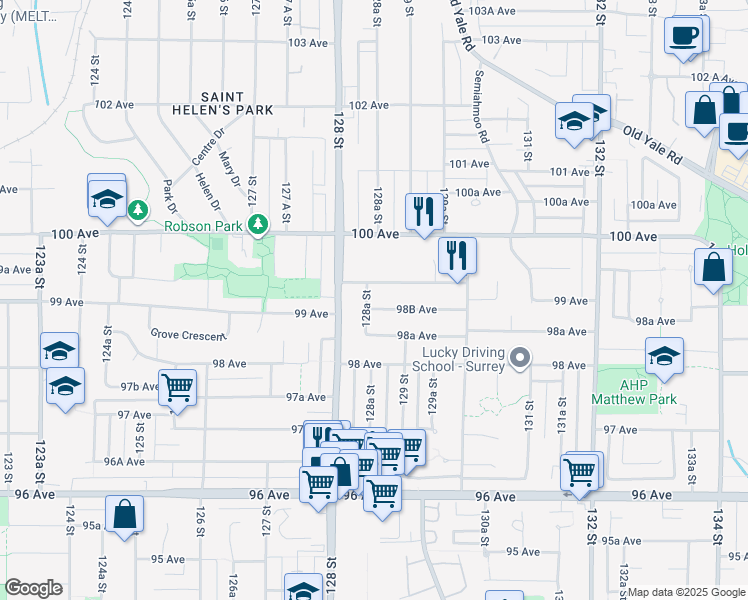map of restaurants, bars, coffee shops, grocery stores, and more near in Surrey