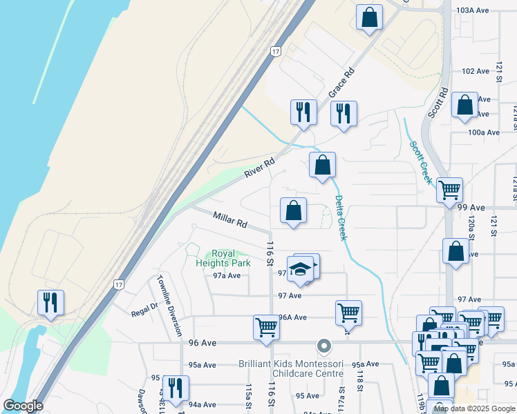 map of restaurants, bars, coffee shops, grocery stores, and more near 11585 Bailey Crescent in Surrey