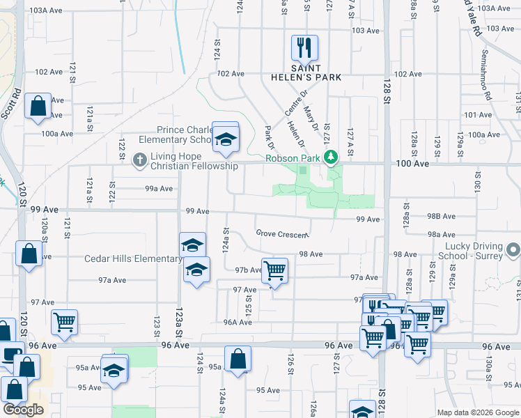 map of restaurants, bars, coffee shops, grocery stores, and more near 12523 99 Avenue in Surrey