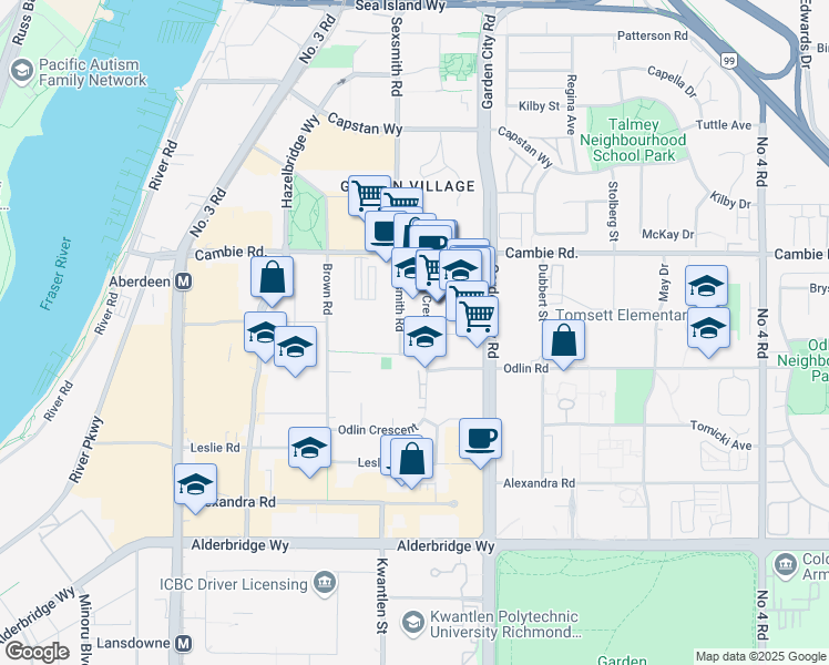map of restaurants, bars, coffee shops, grocery stores, and more near 8833 Odlin Crescent in Richmond