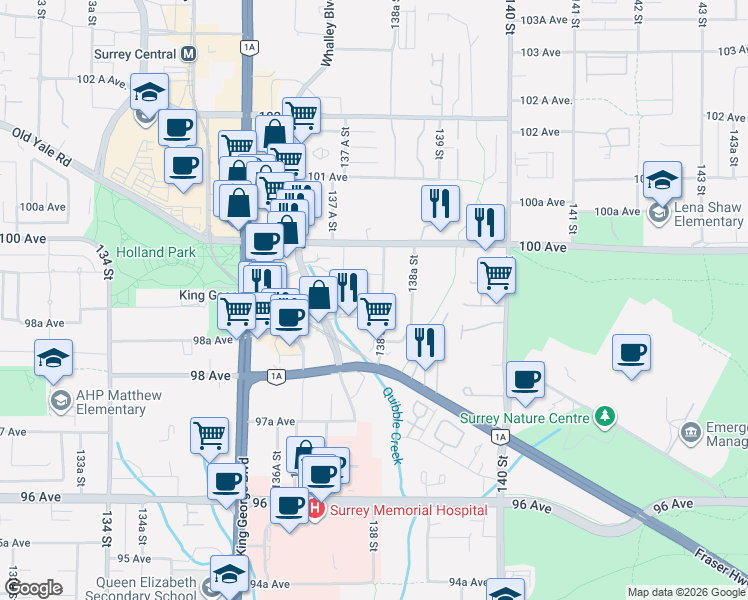 map of restaurants, bars, coffee shops, grocery stores, and more near in Surrey