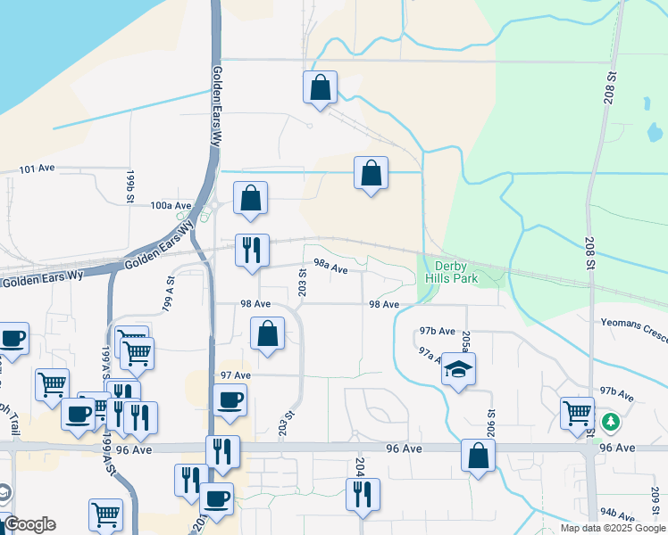 map of restaurants, bars, coffee shops, grocery stores, and more near 20347 98A Avenue in Langley