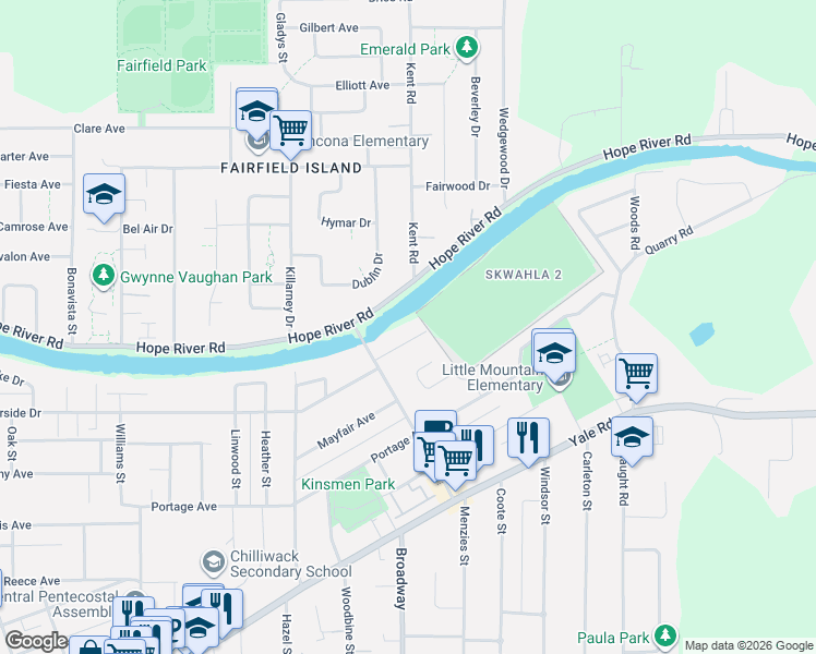 map of restaurants, bars, coffee shops, grocery stores, and more near 46589 Riverside Drive in Chilliwack