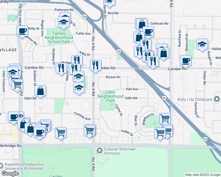 map of restaurants, bars, coffee shops, grocery stores, and more near 10171 Hall Avenue in Richmond