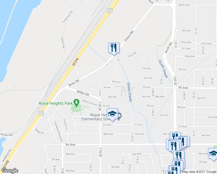 map of restaurants, bars, coffee shops, grocery stores, and more near 9947 116A Street in Surrey