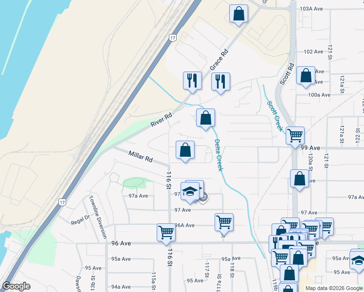map of restaurants, bars, coffee shops, grocery stores, and more near 9933 116A Street in Surrey