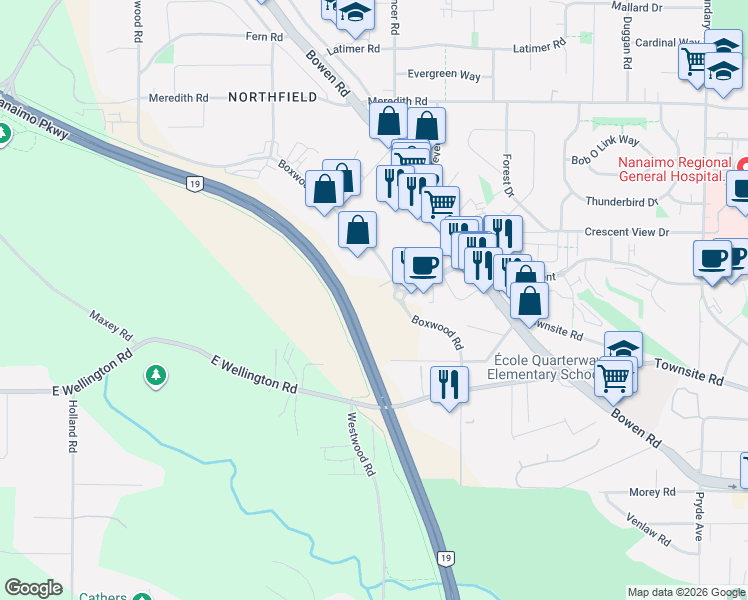 map of restaurants, bars, coffee shops, grocery stores, and more near 1885 Boxwood Road in Nanaimo